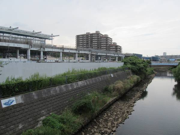 星川駅北口前を流れる帷子川から和田町駅方向を見る。（2013年9月10日）
