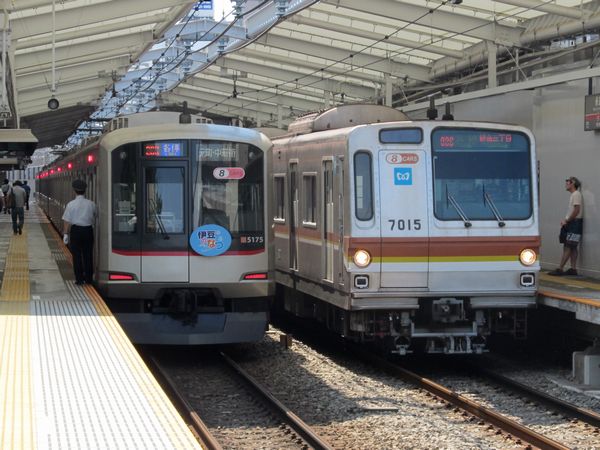 東急東横線綱島駅で並ぶ東急5050系と東京メトロ7000系。